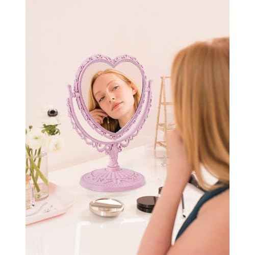 Pink Heart Mirror for Desk Cute Coquette Room Decor Small with Stand,Vanity & Bathroom Double-Sided Rotating Makeup Table Mirror