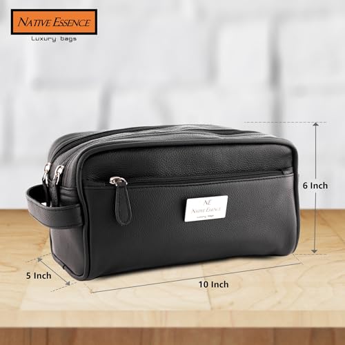 Leather Toiletry Bag, Black Genuine Calf Leather Travel Bag, Handmade DOPP Kit for Travel, Cosmetic Pouch, Luxury Shaving Bag, Bathroom Organizer, Stylish Grooming Kit for Men and Women Gift Packed