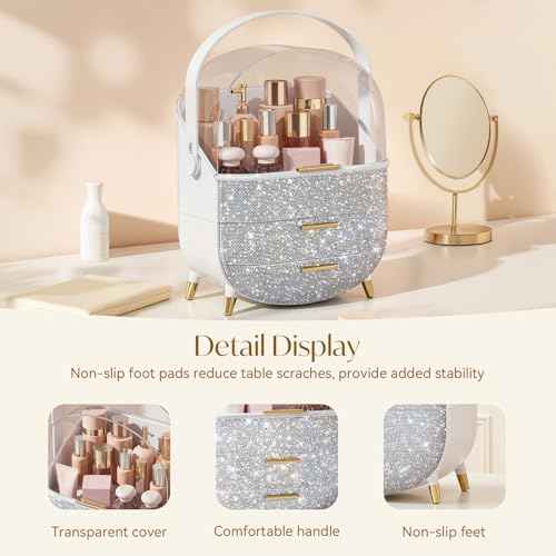 Bling Makeup Organizers, Cosmetic Display Case with Clear Cover, Vanity Makeup Organizers for Lipstick Perfume Lotion and Skincare, Silver Diamond