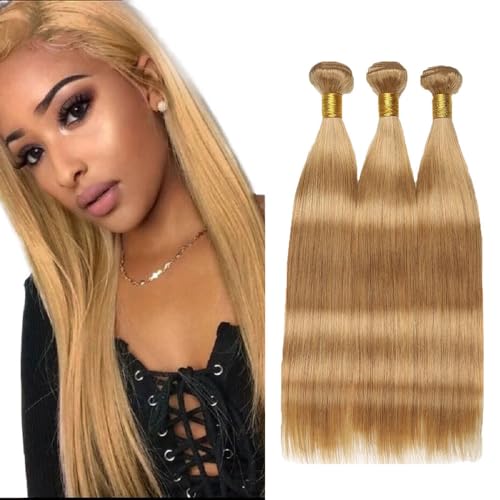 Honey Blonde Straight Bundles Human Hair Color 27 Human Hair Bundles 8A Grade Brazilian Unprocessed Virgin Hair 3 Bundles 18 20 22 Inch Color 27 Straight Bundles