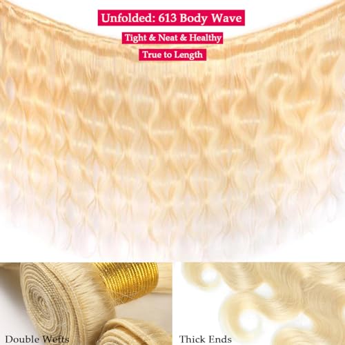 Blonde Human Hair Bundles Body Wave 613 Bundles 26 Inch 100% Unprocessed Brazilian Virgin Remy Sew In Hair Extensions Silky and Soft No Tangle Multipurpose 100g