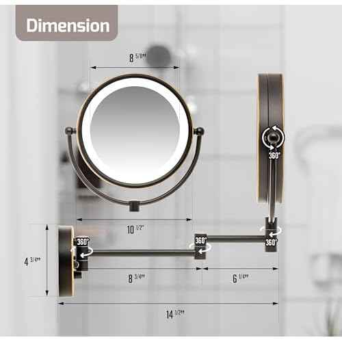 OVENTE Wall Mounted Lighted Makeup Vanity Mirror, 9" Hard Wired Double Sided 1X/7X Magnifying Bathroom Mirror, Dimmable LED Lights, 360¡Æ Rotation and 14" Extendable Arm, Rubbed Bronze MPWD3185BZ1X7X