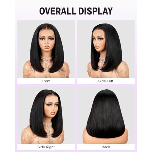 Short Bob Wig Human Hair 13x4 HD Lace Front Wig Human Hair Pre Plucked with Baby Hair 210% Density Natural Black Straight Bob Wigs for Black Women 10 Inch