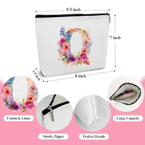 Letter Q Cosmetic Bag Flower Letter Makeup Bag Pink Alphabet Initial Makeup Bag Birthday Gifts for Women Mom Friend Bride Bridesmaid Cosmetic bag(B017)