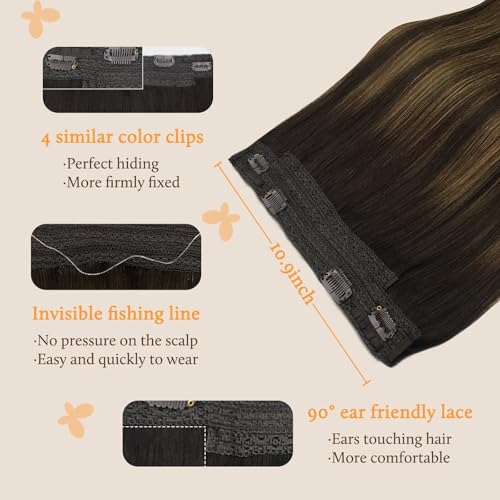 DOORES Wire Hair Extensions 20 Inch 110g Remy Human Wire Hair Extensions Invisible Transparent Line Adjustable Hairpieces Secret Extensions Straight Hair Balayage Dark Brown to Chestnut Brown