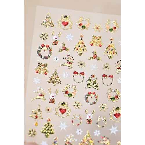 Christmas Nail Art Stickers 5D Embossed Shiny Gold Xmas Tree Nail Stickers Elk Wreath Snowflake Nail Decals for Women Girls Winter Holiday Manicure DIY Nail Supplies