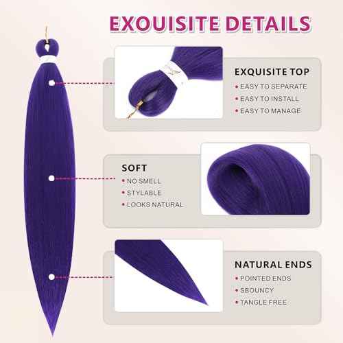 Purple Braiding Hair 20 Inch Pre Stretched Braiding Hair Extensions 2 Packs Synthetic Crochet Hair Twist Braids(20",Purple-2P)
