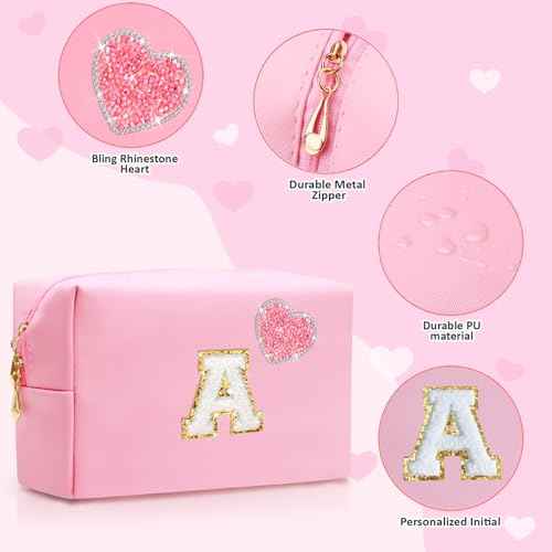 Personalized Initial Makeup Bag with Bling Heart Preppy Cosmetic Bag Cute Toiletry Travel Bag For Teen Girls Women Letter Makeup Pouch Purse for Holiday Birthday Christmas Gifts (A, Pink)