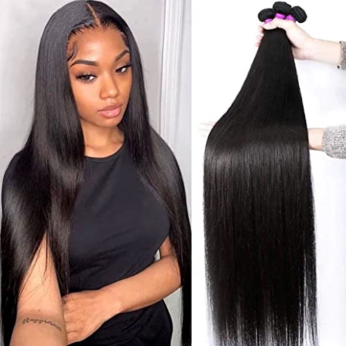 Younsolo Straight Bundles Human Hair 3 Bundles 14 16 18 inches Straight Hair Bundles 12A Brazilian Virgin Hair 100% Unprocessed Quick Weave Hair Extensions Natural Black Color Bundles