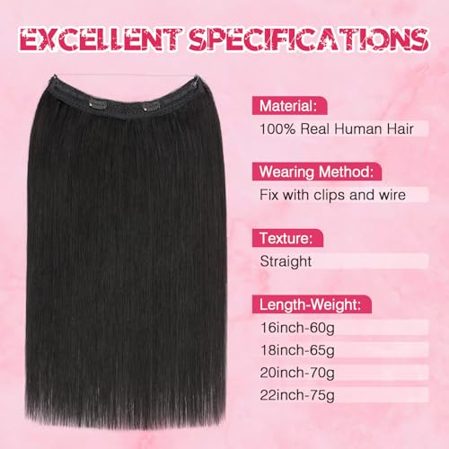 Halo Hair Extensions Real Human Hair, MY-LADY Adjustable Halo Extensions Real Human Hair, 20 inch Jet Black Women's Long Straight Hair Invisible Wire Hair Extensions
