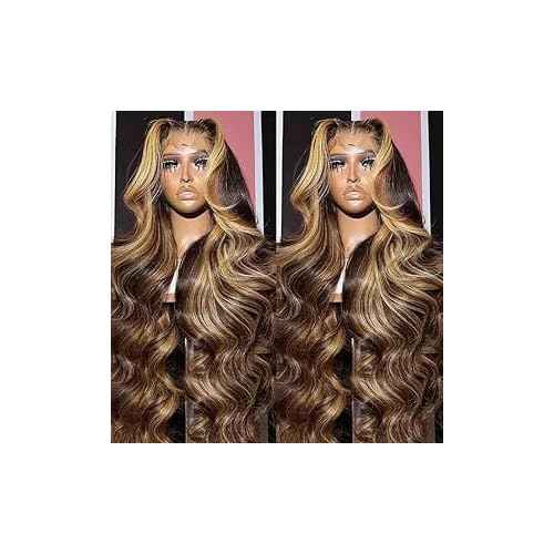 AMIRTY Highlight Ombre Lace Front Wig Human Hair Honey Blonde Body Wave 13x6x1 HD Lace Front Wigs Human Hair Pre Plucked 250 Density Brown 4/27 Colored Lace Frontal Glueless Wigs for Women 20 Inch