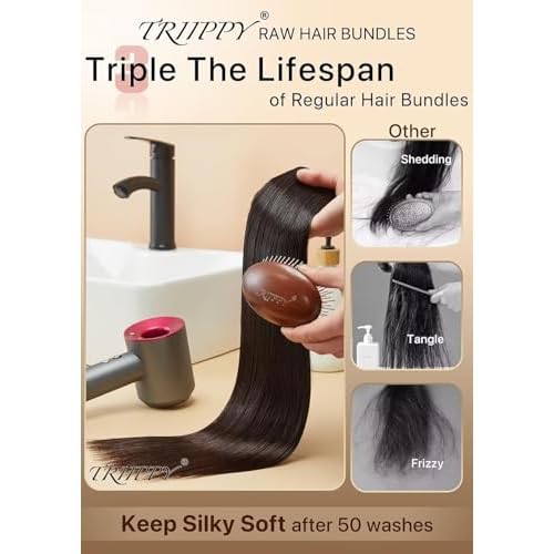 TRIIPPY Straight Bundles Human Hair,100% Raw Cambodian Hair Sew In Weave Single Bundle,Triple The Lifespan Over Regular Virgin Hair Bundle,No.1 Raw Hair Brand On Amazon(18 Inch,Natural Color)