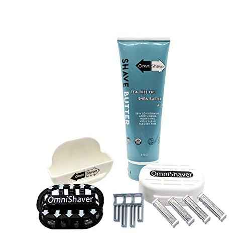 Premium Omnishaver Kit - The Fastest Way to Shave Head, Legs, Arms, Body | An Alternative to Disposable Shaving Razors Self Cleans & Strops During Use with Shave Butter & Replacement Cartridge - White