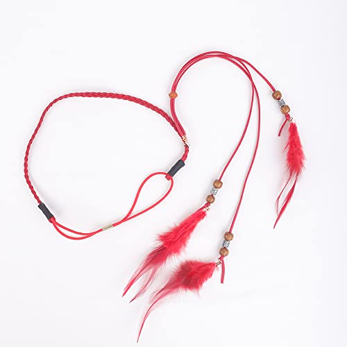 Jumwrit Boho Feather Headband Indian Hippie Gypsy Headpiece Feather Tassel Headdress Adjustable Hemp Rope Beaded Hairband Hair Accessories for Women and Girls Festival Party Decoration(Red)