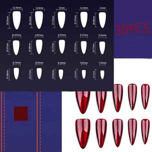 30Pcs Red Press on Nails Halloween Cute Glitter Fake Nails Medium Almond Nails Press on Solid Color False Nails Glossy Acrylic Stick on Nails Reusable Glue on Nails for Women Girls