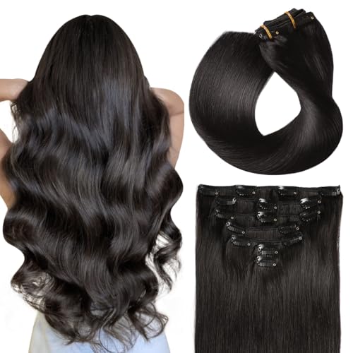 SUYYA Clip in Hair Extensions Real Human Hair, 16 inch 120g Jet Black Clip in Hair Extensions Human Hair Straight Human Hair Clip ins Double Weft(16 inches #1 Jet black)