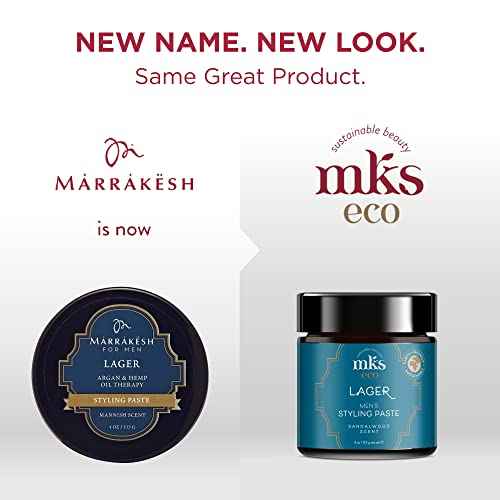 MKS eco for Men Lager Styling Paste, Sandalwood Scent - 4 oz - Flexible Definition - Adds Volume & Texture - With Hemp Seed Oil & Argan Oil - Vegan, Cruelty Free