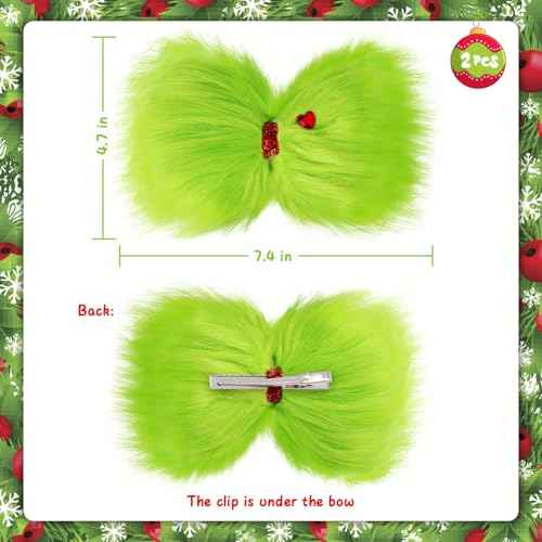 Vloso 2 Pcs Christmas Hair Bow for Girls,6 Inch Green Furry Hair Bow Clips with Red Heart,Christmas Decorations Costume Accessories Women Girls