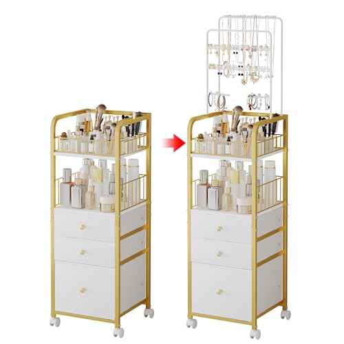 Makeup Organizer Cart with 3 Drawers, Jewelry Organizers and Storage for Earring Necklace, Large Vanity Storage Organizer for Skin Care Perfume Make up Brush Nail Polish Hair Tool (Gold)