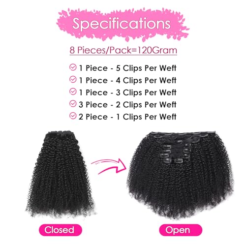 Afro Kinky Curly Clip In Hair Extensions 120g Brazilian Virgin Human Hair for Black Women 4B 4C Natural Black 8Pcs 20 Clips Seamless & Tangle-Free 20 Inch