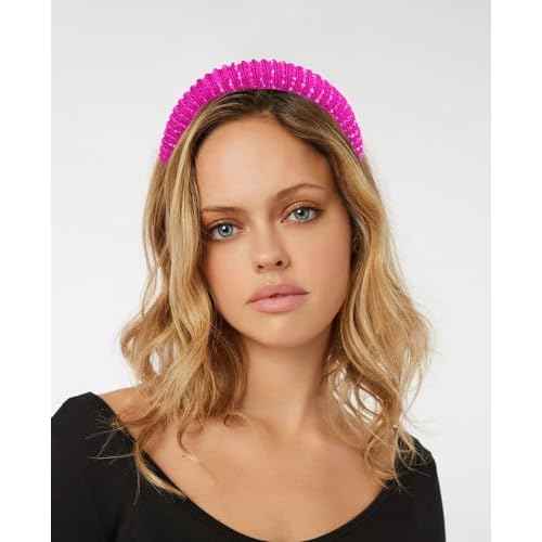 Wecoe 2pcs Pink Rose Red Rhinestone Headbands Women Girls Crystal Beaded Headband Fashion Cute Bling Sparkly Diamond Padded Thick Puffy Headbands Holiday Hair Accessories For Women Girls Gifts