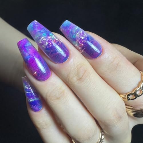 Redykat 30PCS Glossy Purple Ombre Coffin Press On Nails, Salon Quality Nail art, Gel- Like Nails, Cat Eye Nails (Purple Melody)