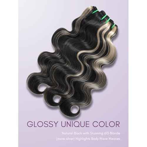 Black With Blonde Highlight Body Wave Single Bundles Human Hair 18 In, Blonde Highlight Skunk Stripe Bundles Thick Track Sew In # F1B/613 Ombre Balayage Colored Brazilian Quick Weave Sew In Remy