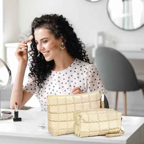 Richeart Makeup Bag Travel Toiletry Bag - Checkered Down Cotton Makeup Pouch for Women with Cosmetic and Pencil, Aesthetic Khaki Design, 2 Pieces
