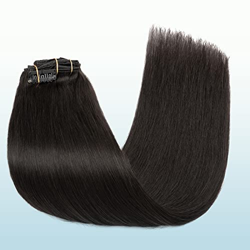Elailite Clip in Human Hair Extensions, 125g 16 Inch 7pcs #1B Natural Black 100 Real Human Hair, Double Weft Handmade Soft Natural Straight Brazilian Virgin Remy Human Hair for Women