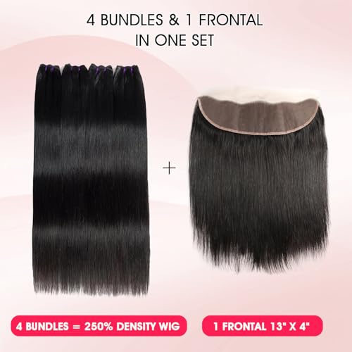 Human Hair Bundles with Frontal Closure (10 12 14 16+10,Free Part), 4 Bundles Human Hair with 13x4 HD Lace Frontal,16A 100% Virgin Brazilian Straight Hair Extensions Double Weft