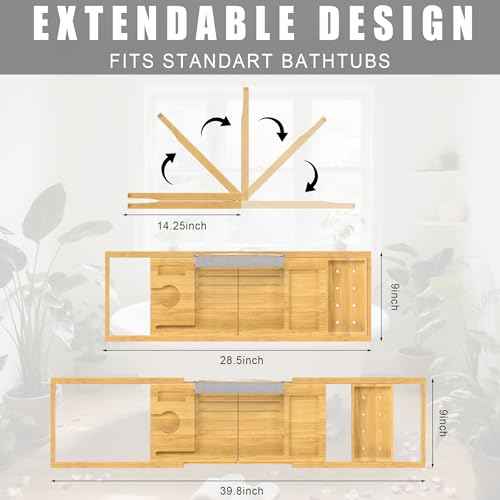 Foldable Bathtub Caddy Tray for Tub,Bamboo Expandable Bath Table Trays,Premium Bathroom Accessories for New Home & Mothers Day & Birthday Gifts for Couples,Natural