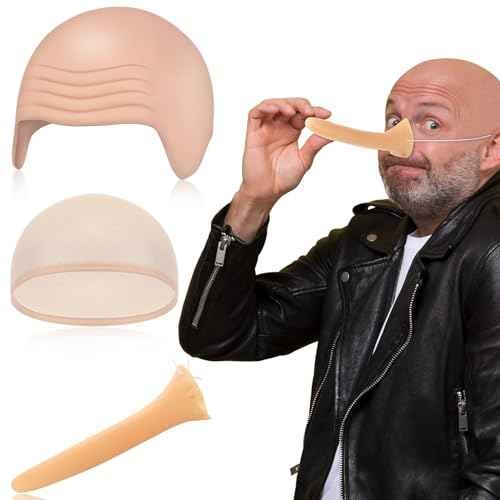 Syhood 3 PCS Bald Cap Makeup Kit - Latex Wig Caps, Long Fake Nose Accessories for Men Women Adults Teens - Fairy Tale Costumes for Cosplay (Nude Color, Classic)