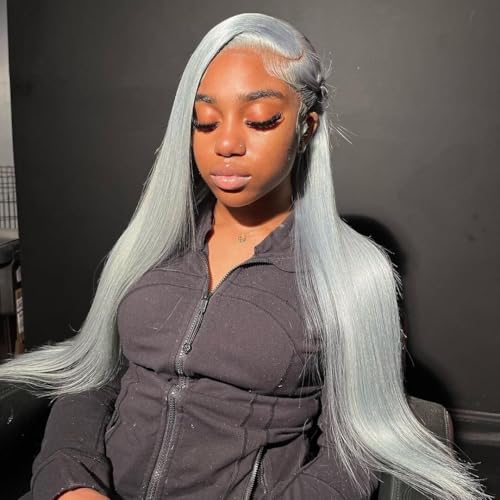 200% Density Silver Grey Lace Front Wigs Human Hair For Women No Mixed Fiber Double Drawn Straight Virgin Hair Wig 13x4 UHD Lace Frontal Wig Brazilian Hair 18 Inches