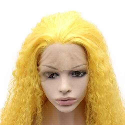 MX angel Long Curly Lace Front Synthetic Hair Yellow Cosplay Party Wig Heat Resistant Fiber