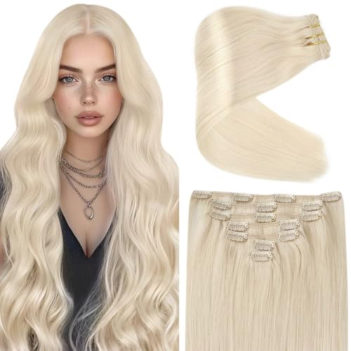Ve Sunny Blonde Clip in Hair Extensions Human Hair Clip in Extensions Platinum Blonde Real Human Hair Extensions Clip ins Long Straight Hair Easy to Wear 7pcs 120g 20inch