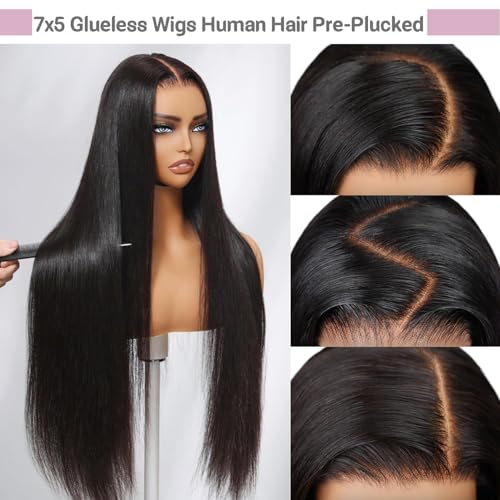 30 Inch Wear and Go Glueless Wigs Human Hair Pre Plucked Pre Cut 7x5 Hd Lace Front Wigs Human Hair for Women No Glue Closure Ready to Wear Straight Wigs 220% Density Natural Black for women