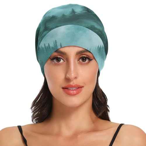 Beanie Hat Satin Bonnet Lined Sleep Cap Hair Wrap Cover Slouchy Beanie for Curly Hair Protection for Gifts for Men Women Foggy Green Mountains and Pine Trees