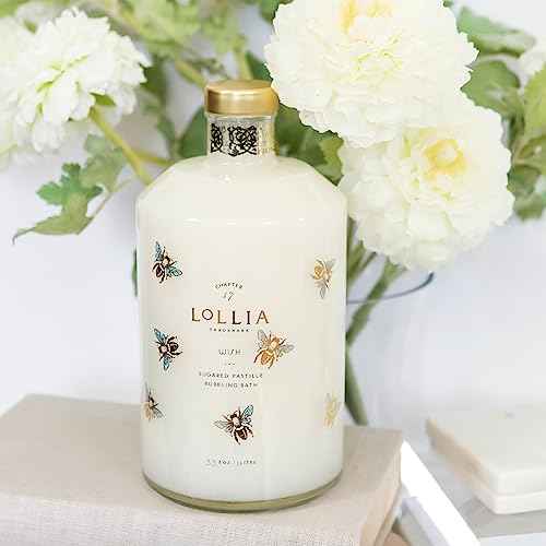 Lollia Wish Bubble Bath, 33.8 fl oz, Vanilla Bean, Rice Flower, Jasmine Leaves, & Sugar Cane, Luxury Hydrating Women's Bubbling Bath Soap, Delicate & Relaxing Scented Skin Care