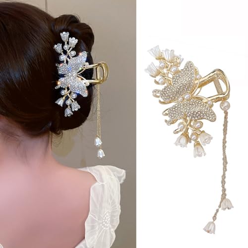 Metal Hair Claw Clips Butterfly Flower Hair Clip 1Pc Large Hair Jaw Claw with Tassel Pearl Design Gold Strong Hold Jaw Clips Rhinestones Butterfly Floral Non-Slip Hair Accessories for Women