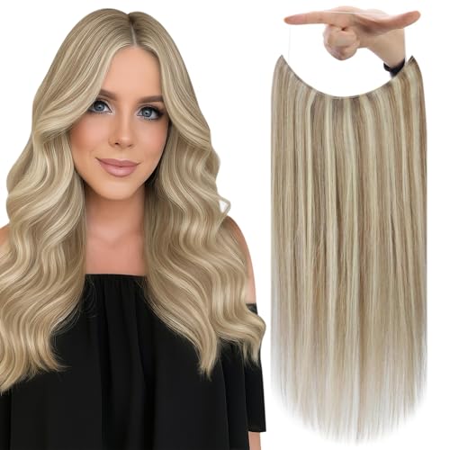 Fshine Invisible Wire Hair Extensions 16 Inch Golden Blonde Highlight Light Blonde Secret Hairpiece Adjustable Fish Line Wire Extensions Clip ins Straight Remy Hair 80 G