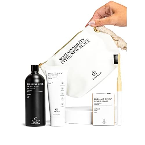 Terra & Co. Brilliant Black Teeth Whitening Kit for Healthy Teeth and Gums | Oil Pulling, Bamboo Charcoal Dental Floss, and Charcoal Tooth Paste | Vegan and Cruelty-Free