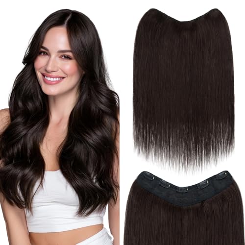 One Piece Clip in Hair Extensions 100% Real Human Hair 3/4 Full Head Hair with Upgraded V-Shaped Weft 5 Clips in Hair Extensions for Women, £¨16 Inch, #02 Dark Brown£©