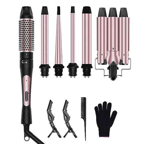 6 in 1 Wand Curling Iron, 3 Barrel Curling Iron Set with Thermal Brush (1.5") and 5 Interchangeable Ceramic Wand Curler (0.35"-1.25"), 2 Temp Heating Setting, Halloween Christmas Gifts for Women