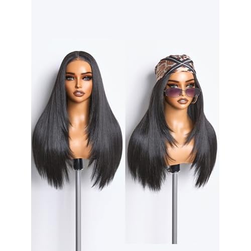 GORGIUS Black Straight Lace Front Wigs Pre Cut Glueless Layered Wig Middle Part Synthetic Frontal Wig with Natural Hairline 24 Inch