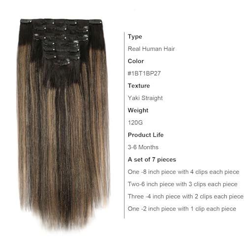 ABH AMAZINGBEAUTY HAIR Light Yaki Clip in Extensions Rooted Black Piano Natural Black Fading into Caramel Blonde Two Tone Yaki Straight Clip ins for Black Women 18 Inch 120G