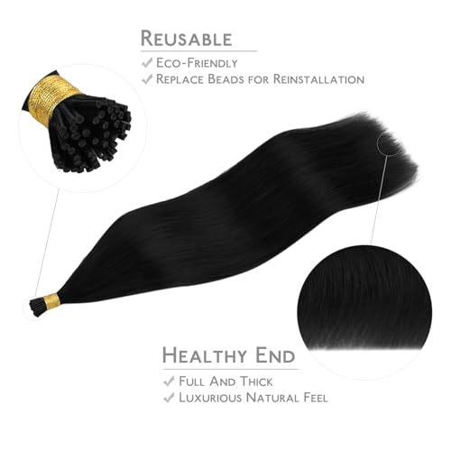 Wennalife I Tip Hair Extensions, 50g 24 Inch Jet Black Remy Human Hair, 50 Sets, Fusion, Straight, Unisex