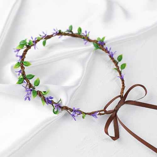 Handmade Purple Flower Crown Girls Headband Bridal Headpiece Flower Wreath for Women Hair Halo Floral Headdress for Weeding Party Festival Birthday