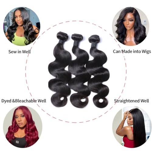 Body Wave Human Hair 3 Bundles (16 18 20) 100% Unprocessed Brazilian Virgin Human Hair Extensions Brazilian Body Wave Weave Bundles Soft and Silky Natural Black Wavy Hair Quick Weave Bundle for Women