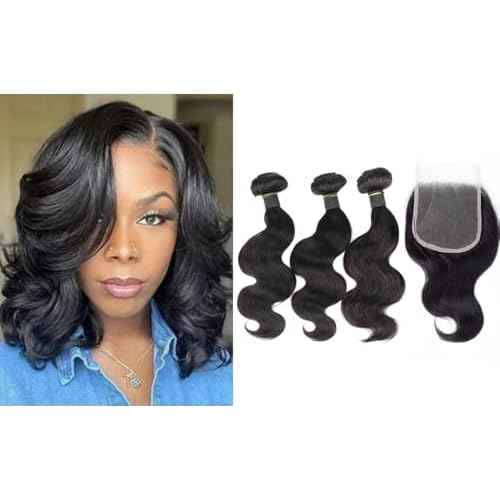 Bundles with Closure Human Hair Body Wave Bundles Human Hair with 4x4 Lace Closure 100% Unprocessed Virgin Hair Extensions Natural Color (14" 14" 14" + 10" Closure)