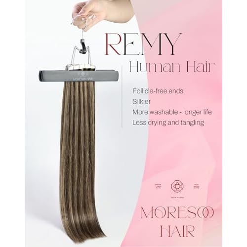 Moresoo Tape in Hair Extensions Human Hair Brown Real Hair Tape in Extensions Dark Brown with Caramel Blonde Human Hair Glue in Human Hair Extensions Fashion Seamless 22 Inch 20Pcs/50g #P4/27
